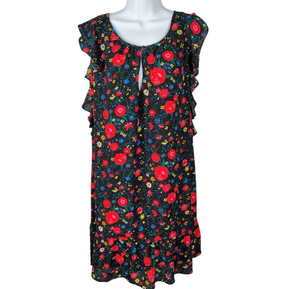 J.Crew‎ XXL Floral Ruffle Cap Sleeve Keyhole Shift Dress Black Multi Color goth